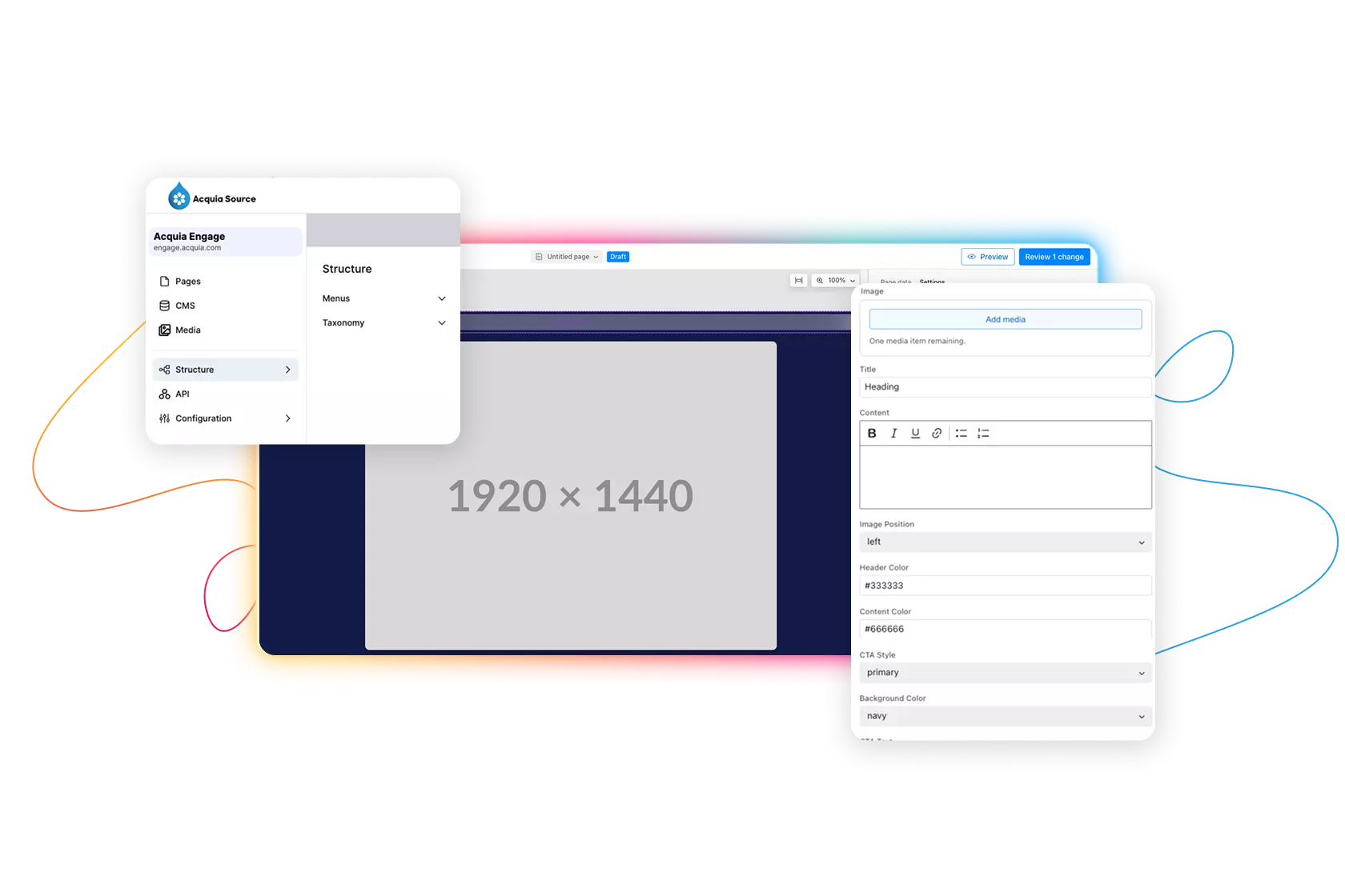 The Source CMS admin interface: a site's navigation, a draft page open for review, and a content panel's settings.