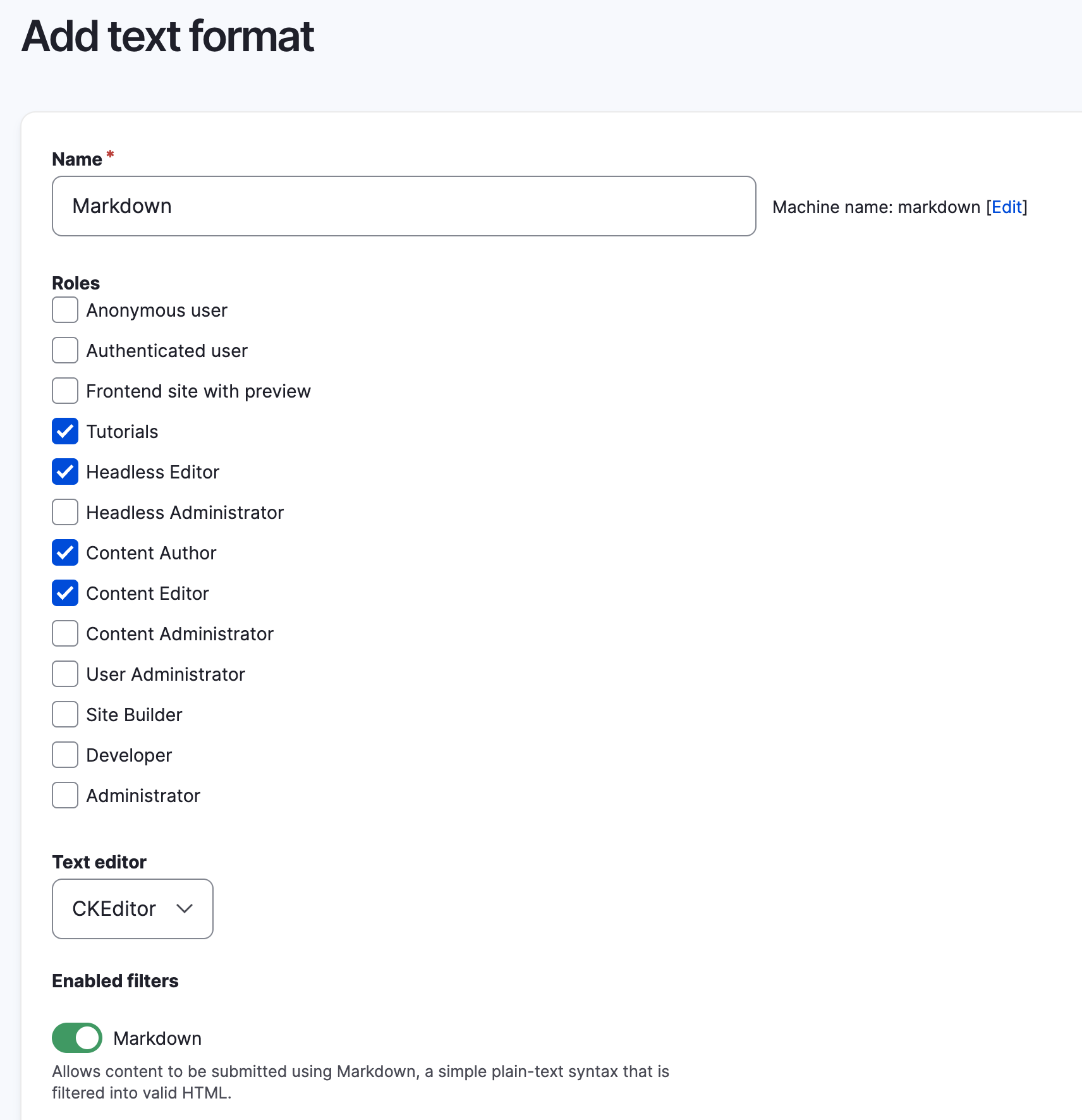Form for creating a new text format in Drupal