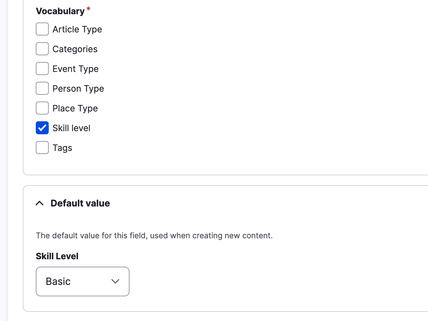 Configuration options for our Skill Level field, including a default value