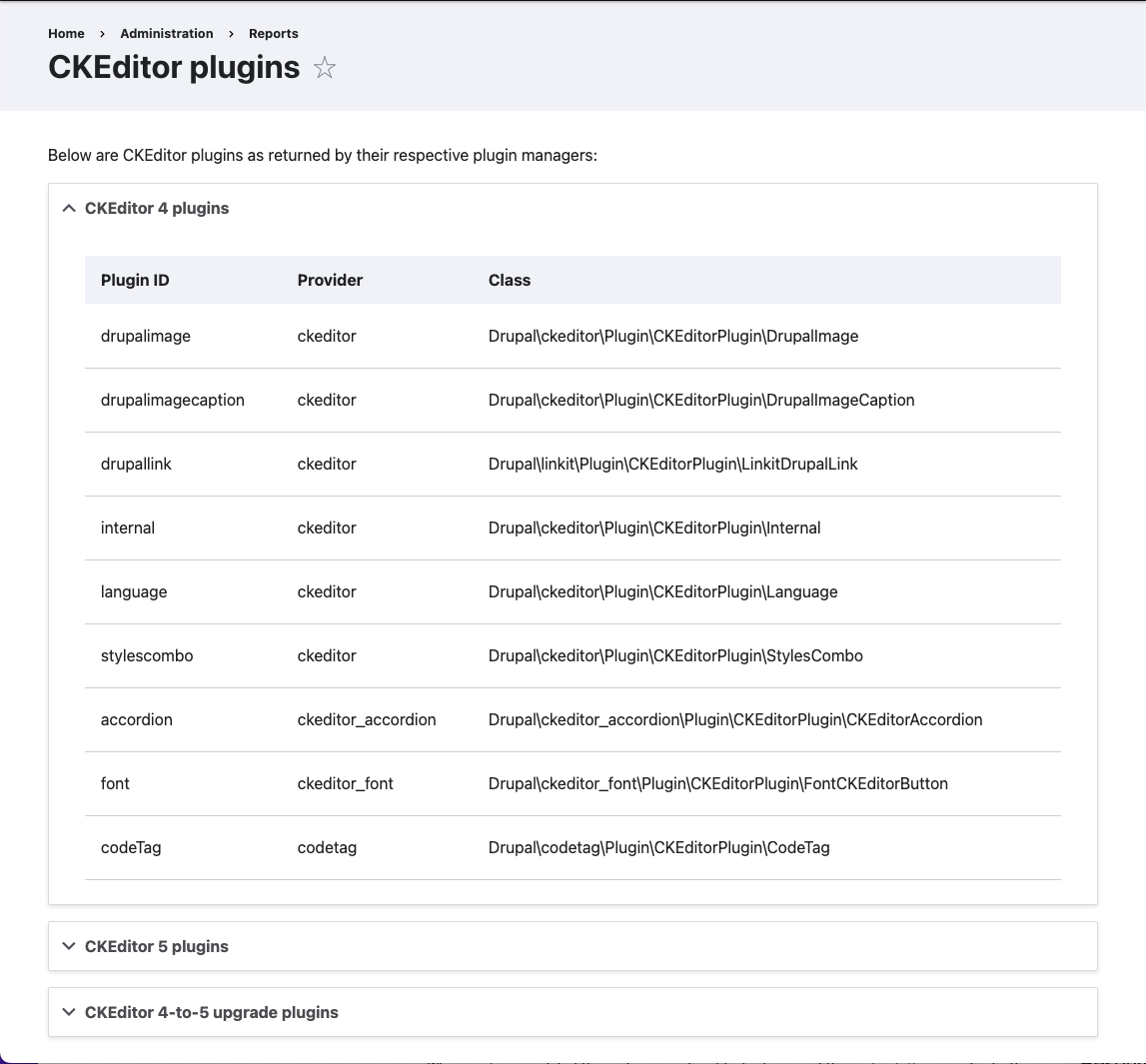 CKEditor plugins report page screenshot