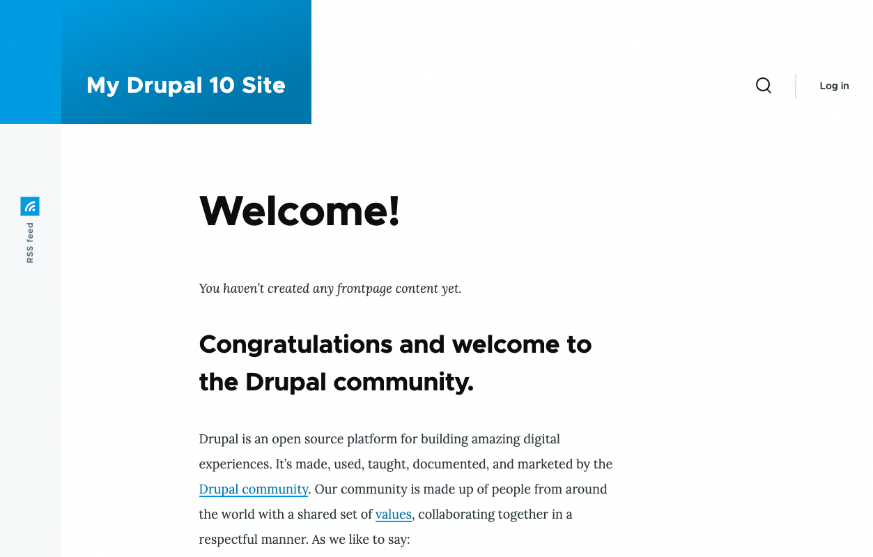 Welcome screen of a new installed Drupal site.