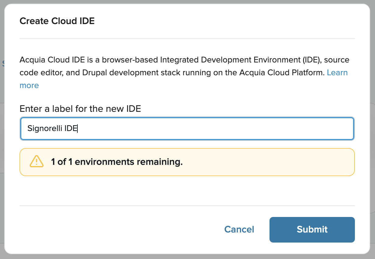 Give a name to your new Cloud IDE instance and click the “Submit” button.