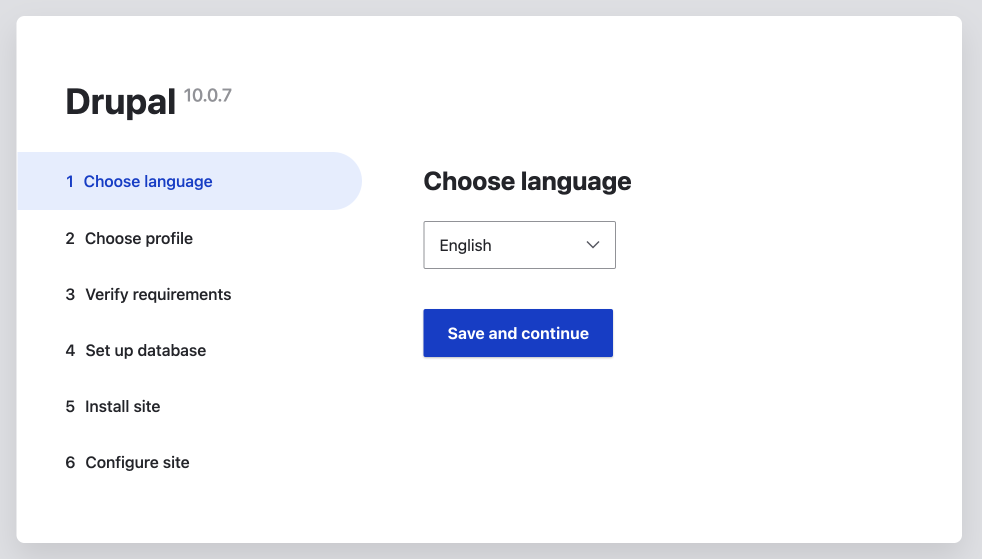 Choose the language for your new site and click the Save and continue button.