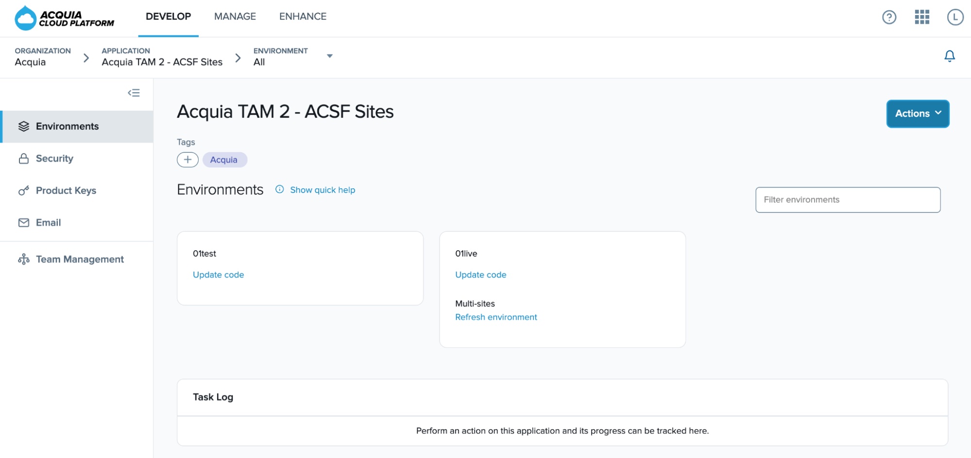 Front page of the Acquia TAM 2 Cloud Platform account.