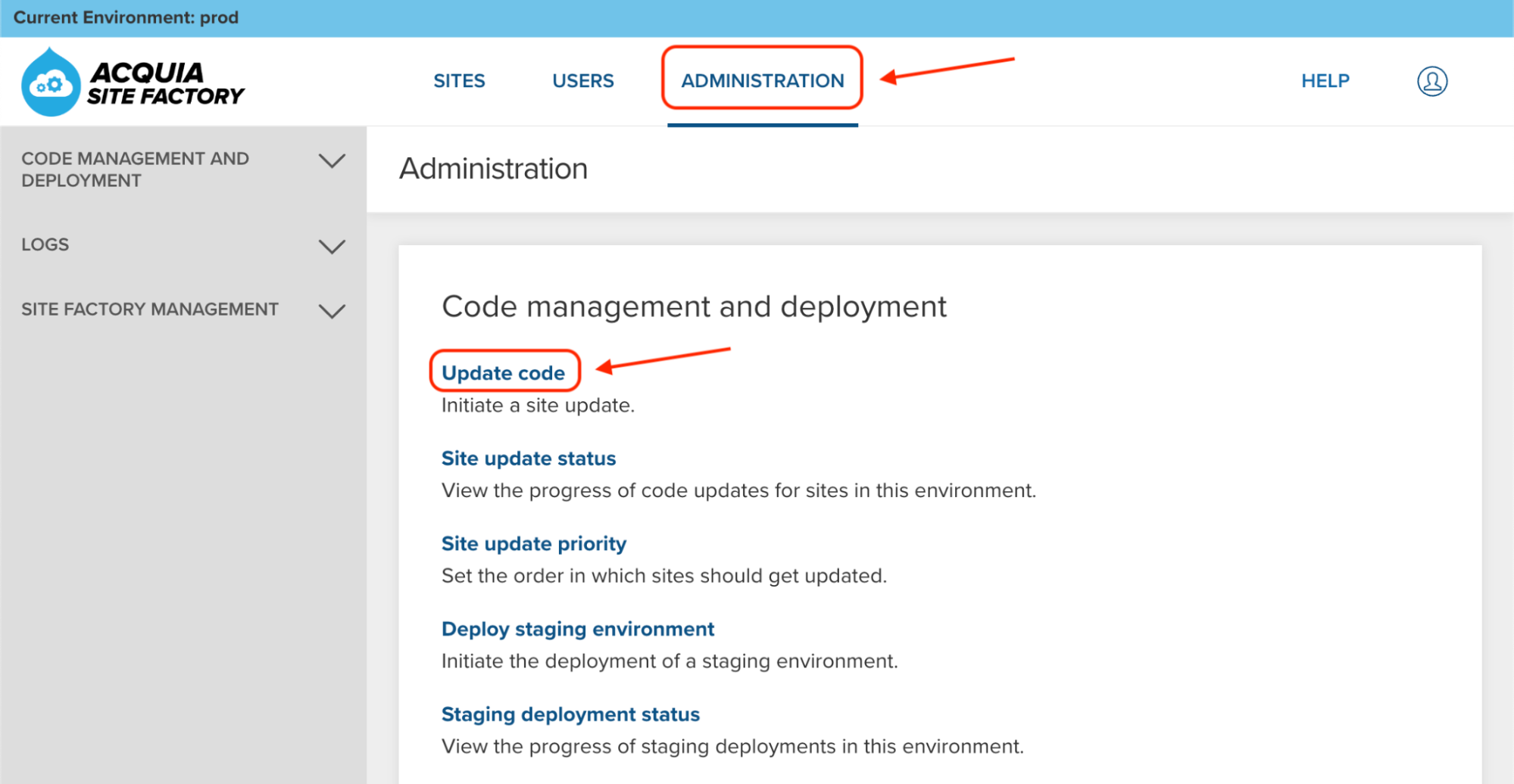 Login to the ACSF Console UI of your prod environment and go to Administration and Update code.