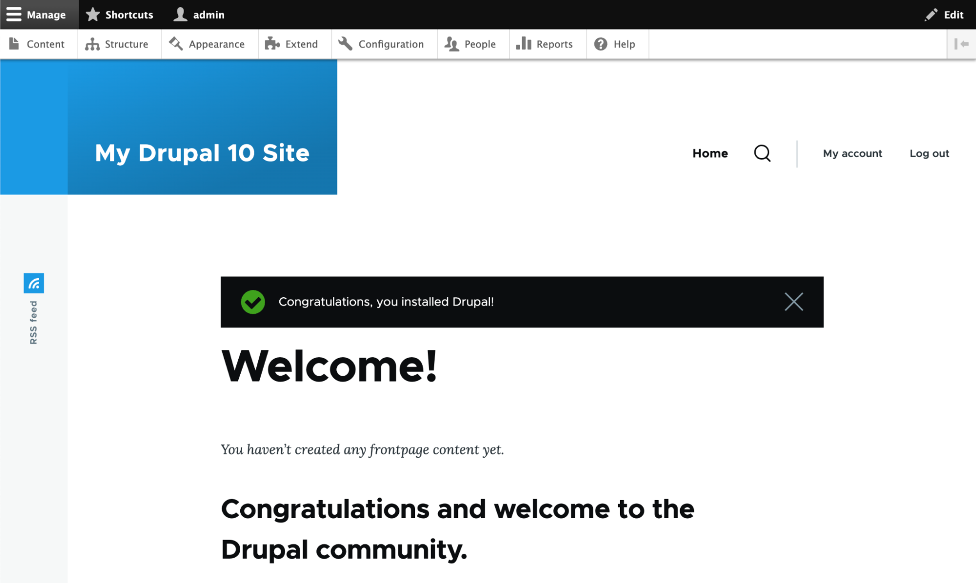 Screenshot showing a new Drupal 10 website.