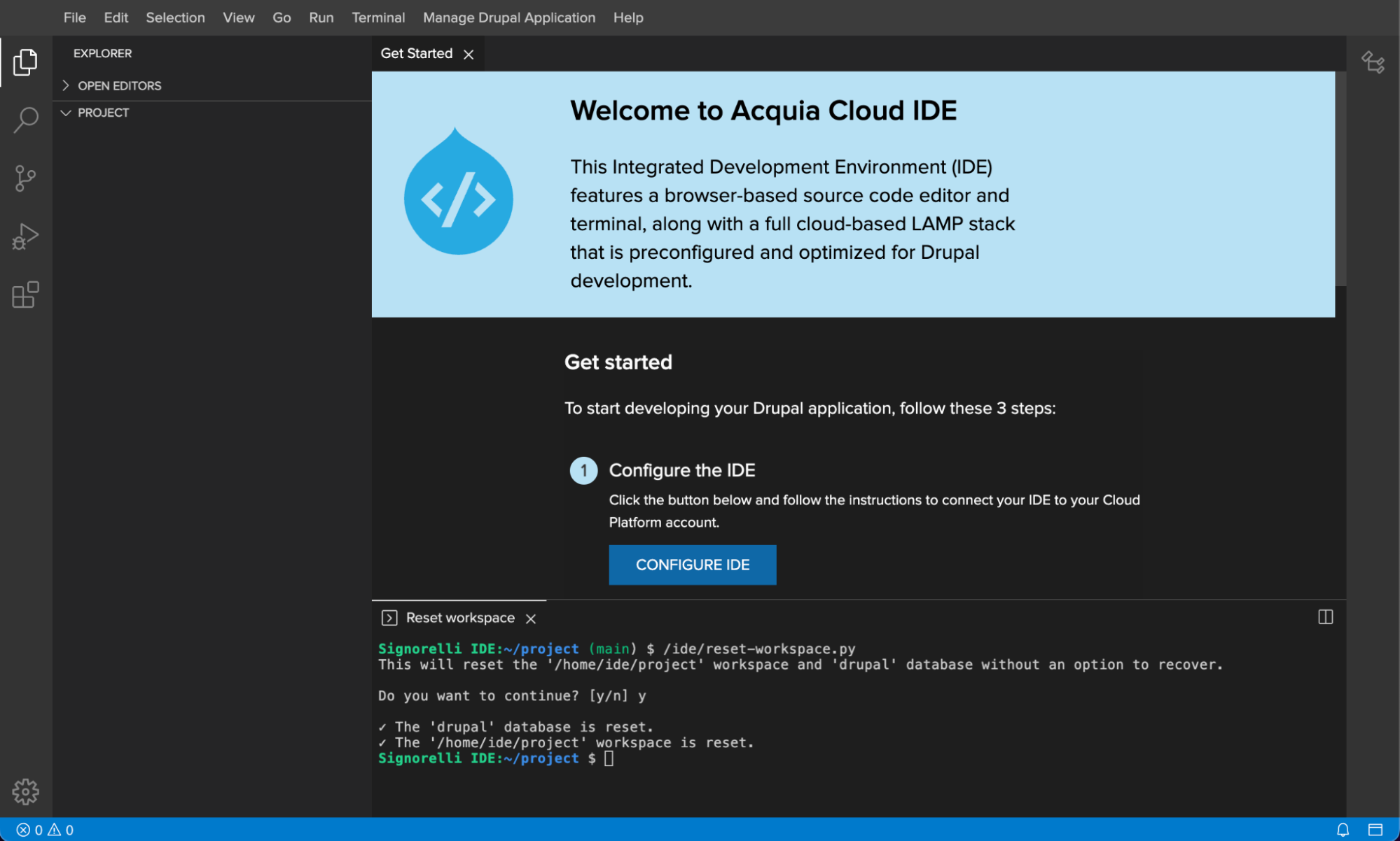 Fresh Acquia Cloud IDE Get started page.