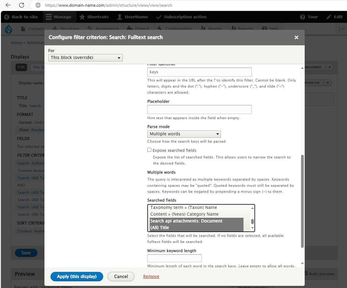 Configuring Full text Search Filter