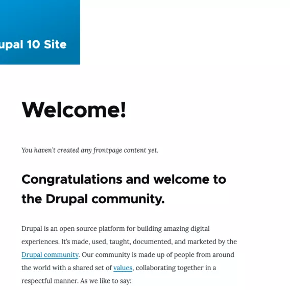 Welcome screen of a new installed Drupal site.